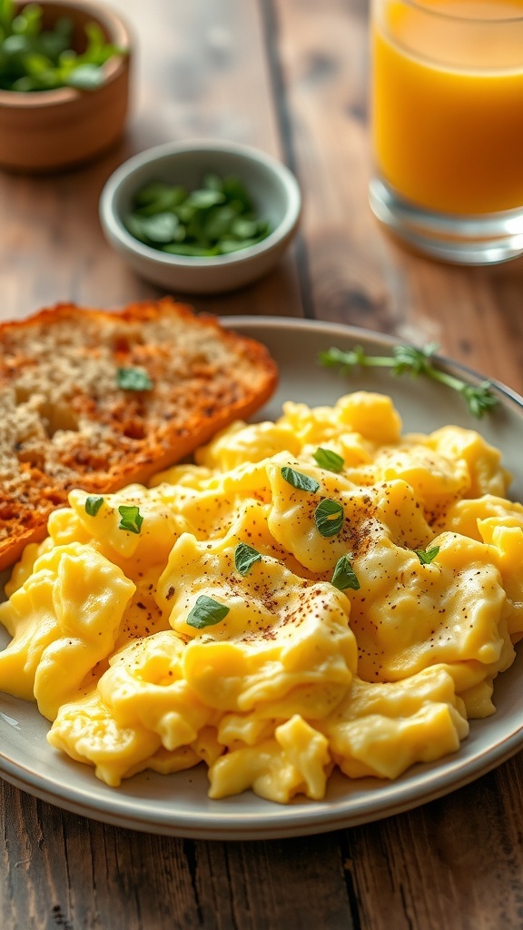 Fluffy scrambled eggs garnished with herbs on a plate with toast and orange juice.